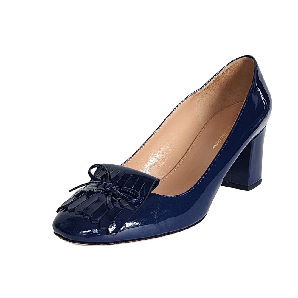 Brooks Brothers Navy Patent Leather Fringe Block Heel Pumps Square Toe Size 8.5